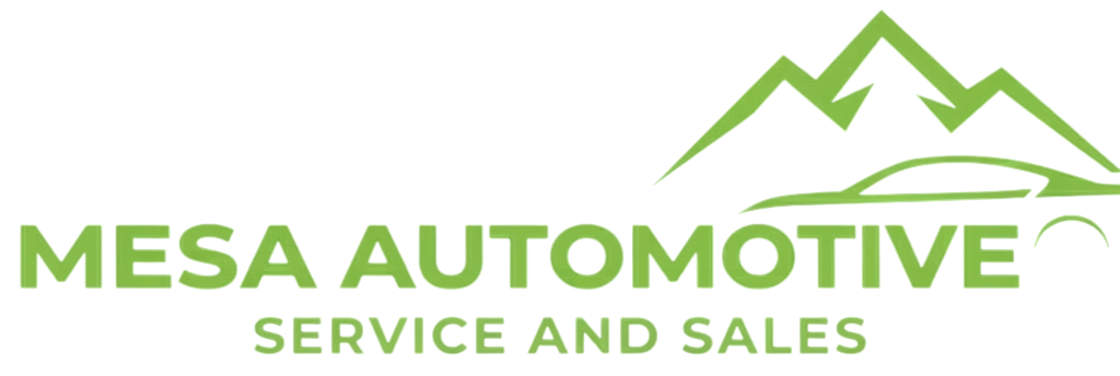 Green logo for Mesa Automotive, featuring the company name and a stylized car silhouette with mountains in the background.